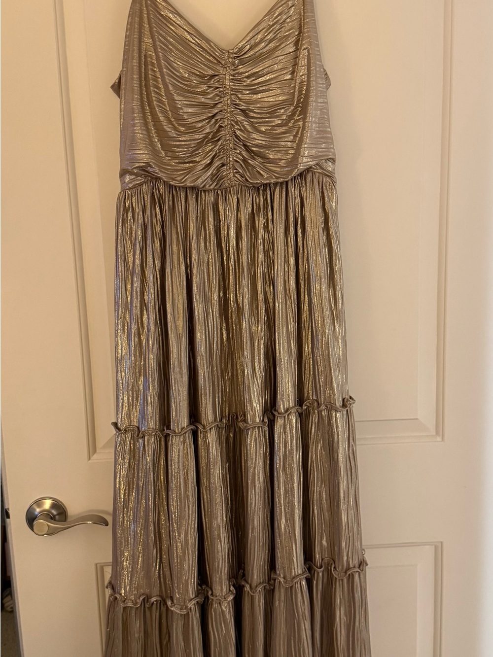 Socialite Metallic Gold Ruched V-Neck Tiered Maxi Dress